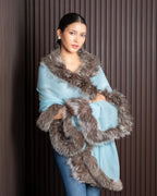 Faux Fur Trimmed Cashmere Scarf in Sky blue