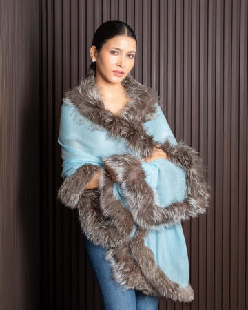 Faux Fur Trimmed Cashmere Scarf in Sky blue