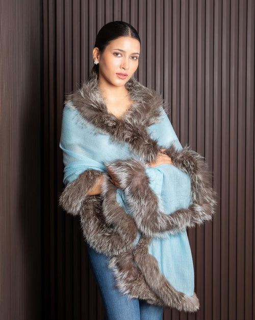 Faux Fur Trimmed Cashmere Scarf in Sky blue