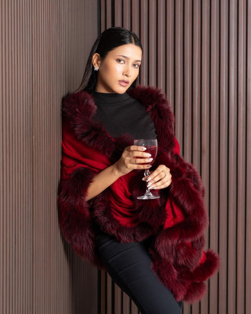 Faux Fur Trimmed Cashmere Scarf in Maroon