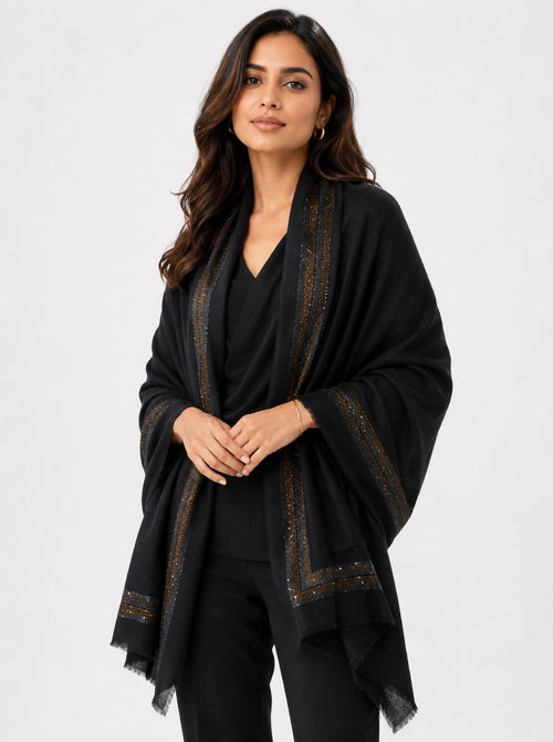 Embellished Cashmere Scarf in Navy Blue with Gold Crystals Trim
