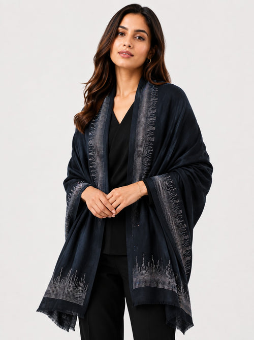 Embellished Cashmere Scarf in Blue Crystals Trim
