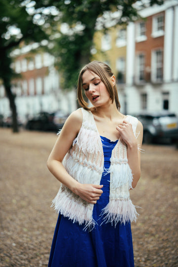 Faux Feather Gilet in Pink and White