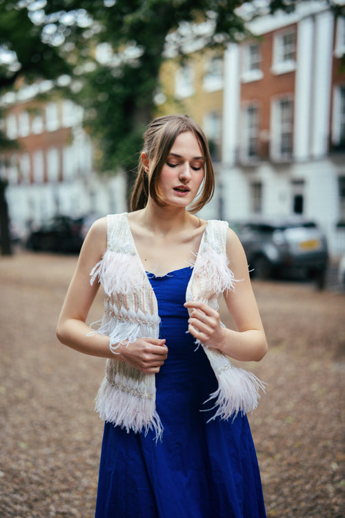 Faux Feather Gilet in Pink and White