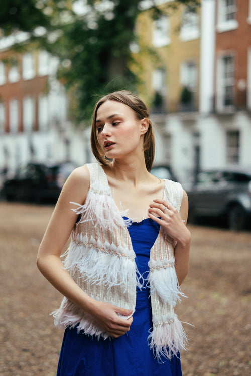 Faux Feather Gilet in Pink and White