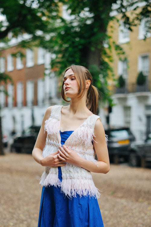 Faux Feather Gilet in Pink and White