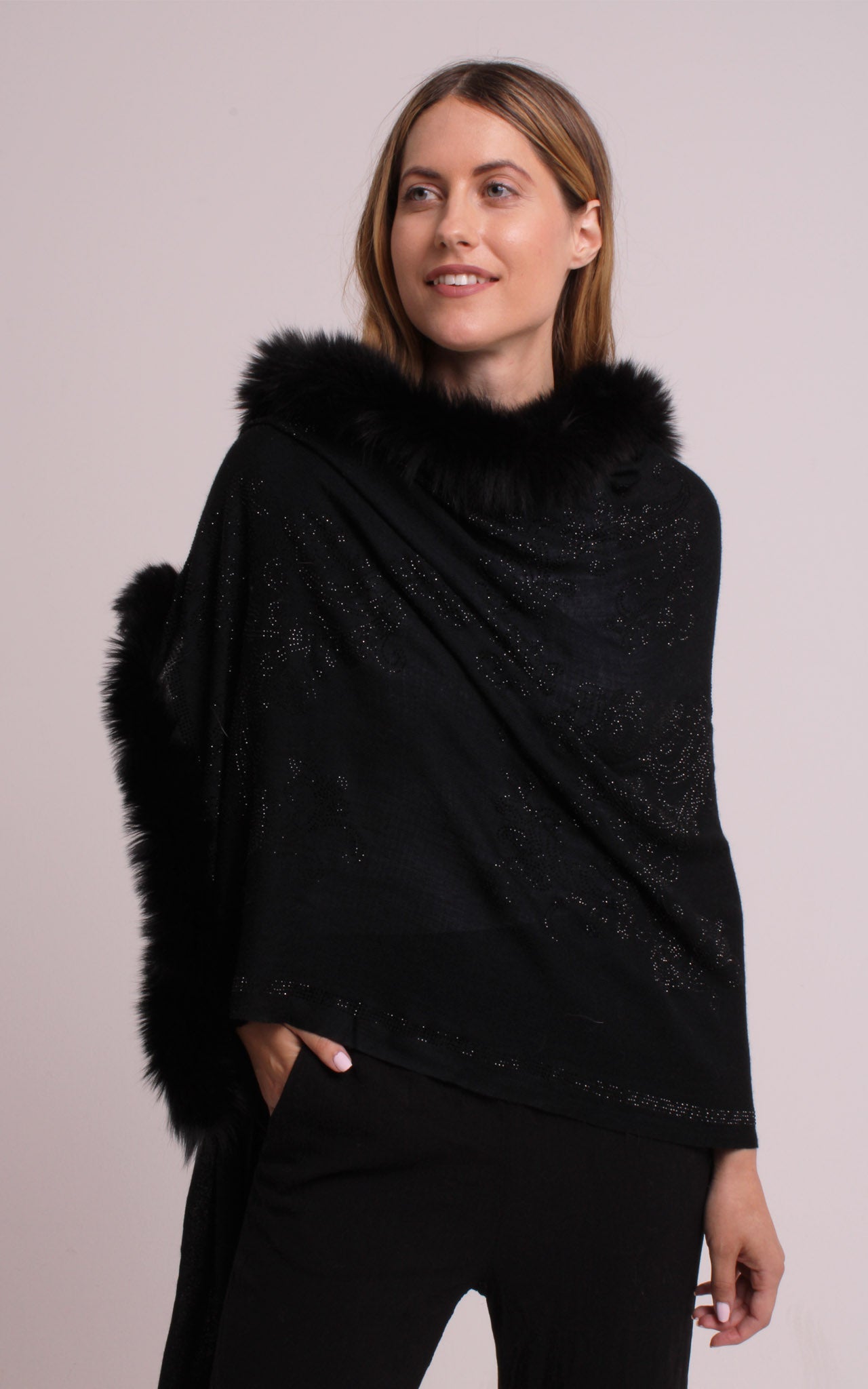 Faux Fur Trimmed Cashmere Scarf in Black with Crystal Embellishments