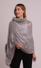 Faux Fur Trimmed Cashmere Scarf in Silver with Crystal Embellishments