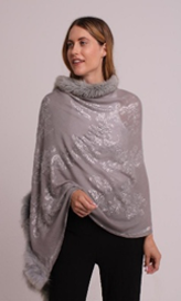 Faux Fur Trimmed Cashmere Scarf in Silver with Crystal Embellishments