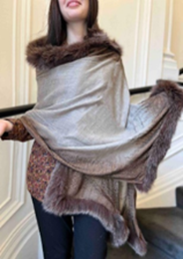 Faux Fur Trimmed Cashmere Scarf in Beige and Brown with Crystal Embellishments