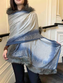 Faux Fur Trimmed Cashmere Scarf in Grey and Blue with Crystal Embellishments
