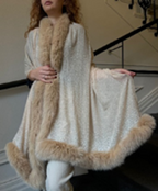 Faux Fur Trimmed Cashmere Scarf in Beige with Crystal Embellishments