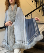 Faux Fur Trimmed Cashmere Scarf in Shaded Grey with Crystal Embellishments