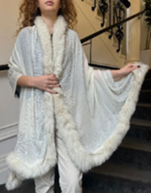Faux Fur Trimmed Cashmere Scarf in Cream with Crystal Embellishments