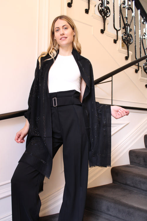 Black Cashmere Scarf with Floral Embellishments