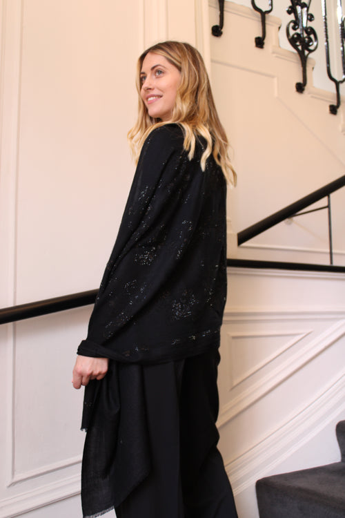 Black Cashmere Scarf with Floral Embellishments