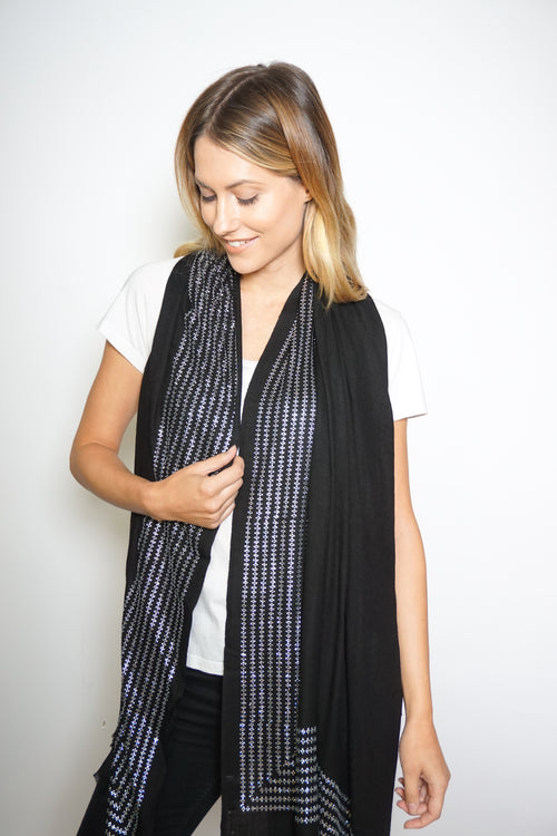 Embellished Cashmere Scarf in Black with Crystal Trim