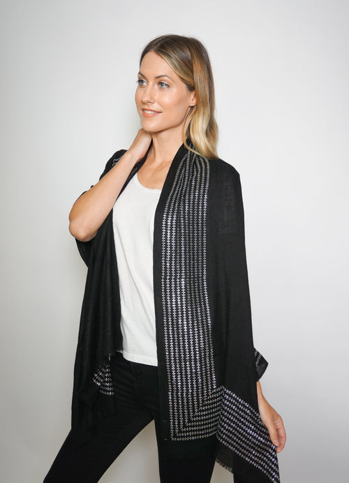 Embellished Cashmere Scarf in Black with Crystal Trim