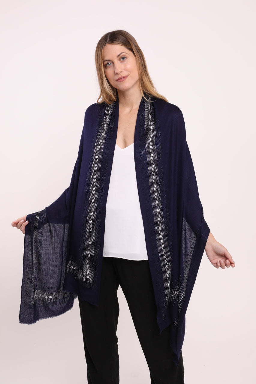 Embellished Cashmere Scarf in Navy with Crystal Trim