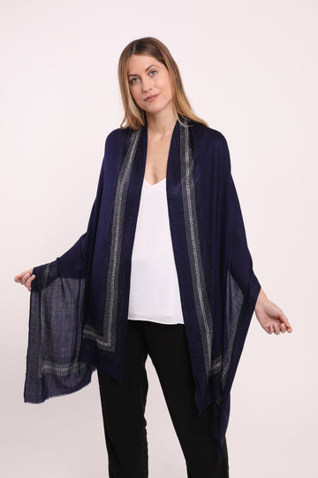 Embellished Cashmere Scarf in Navy with Crystal Trim