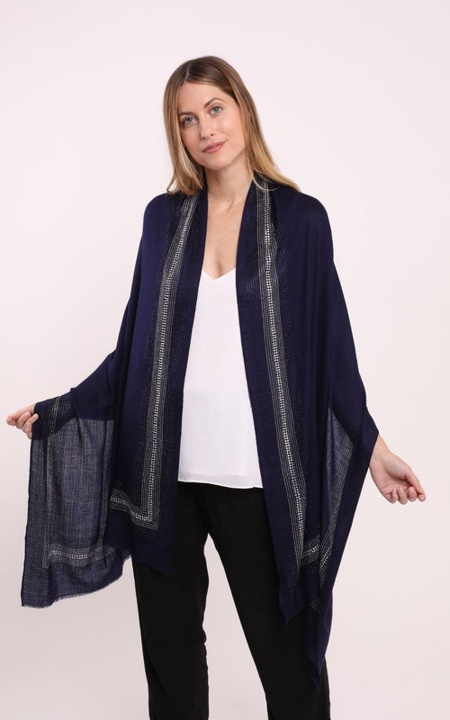 Embellished Cashmere Scarf in Navy with Crystal Trim