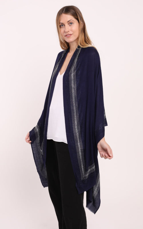 Embellished Cashmere Scarf in Navy with Crystal Trim