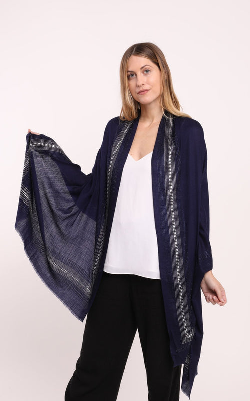 Embellished Cashmere Scarf in Navy with Crystal Trim