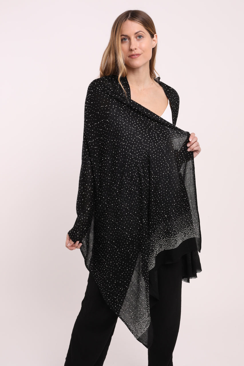Embellished Cashmere Scarf in Black with Silver Crystals Trim