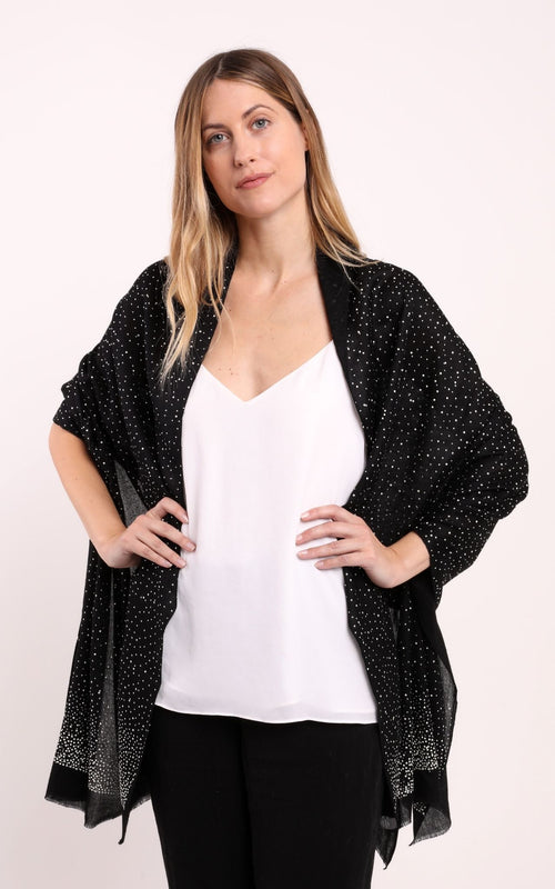 Starry Embellished Cashmere Scarf in Black with Silver Crystals