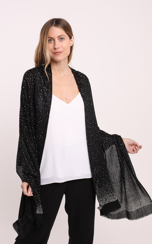 Starry Embellished Cashmere Scarf in Black with Silver Crystals