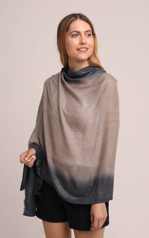 Embellished Cashmere Scarf in Grey with Dark Blue Trim