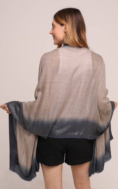 Embellished Cashmere Scarf in Grey with Dark Blue Trim