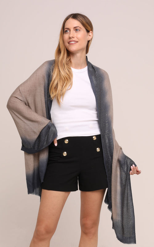 Embellished Cashmere Scarf in Grey with Dark Blue Trim