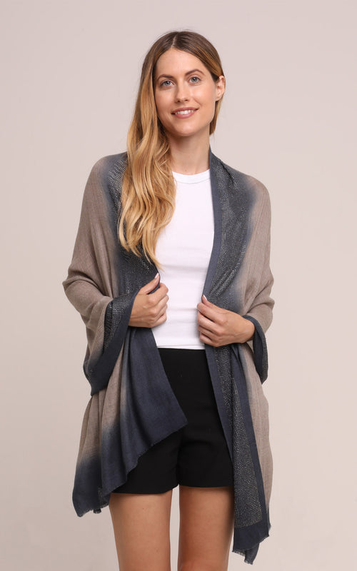 Embellished Cashmere Scarf in Grey with Dark Blue Trim