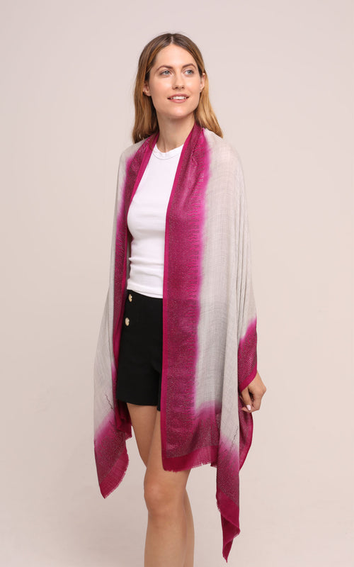 Embellished Cashmere Scarf in Ivory with Bright Pink Trim