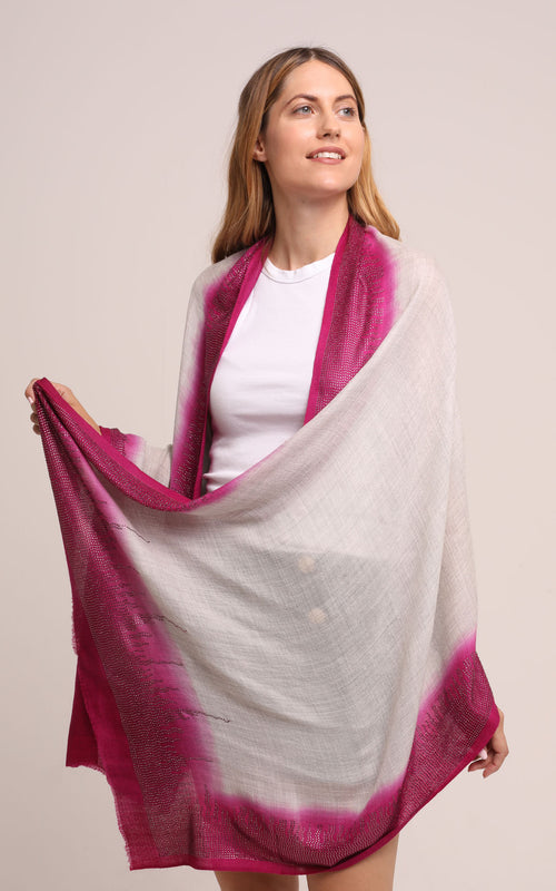 Embellished Cashmere Scarf in Ivory with Bright Pink Trim