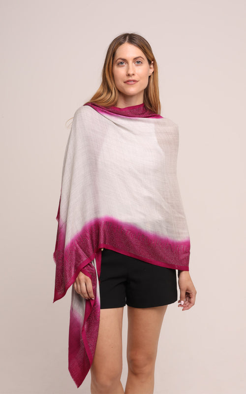 Embellished Cashmere Scarf in Ivory with Bright Pink Trim