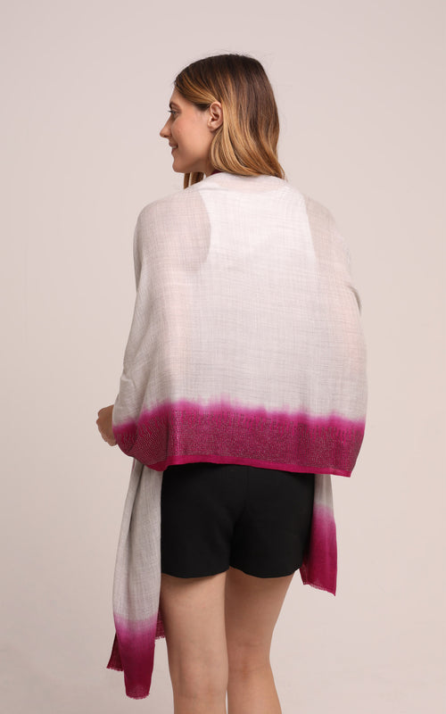 Embellished Cashmere Scarf in Ivory with Bright Pink Trim