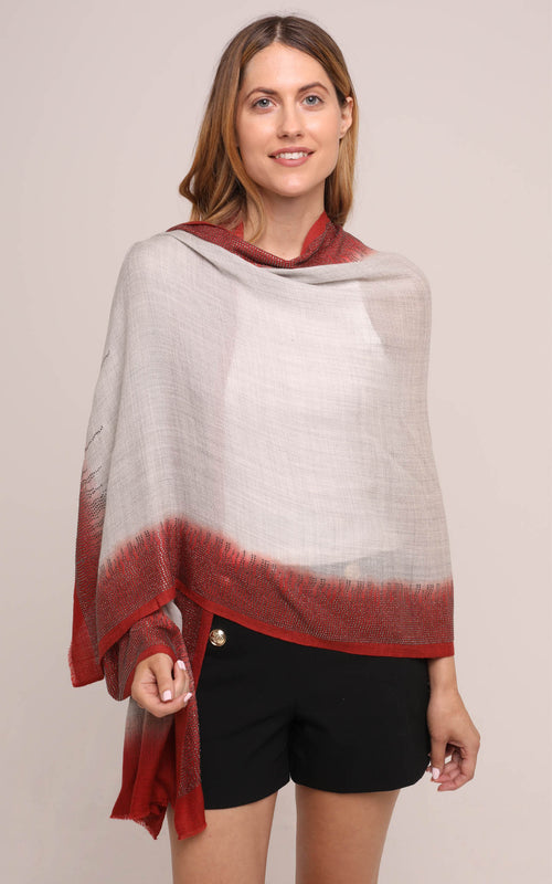 Embellished Cashmere Scarf in Ivory with Red Trim