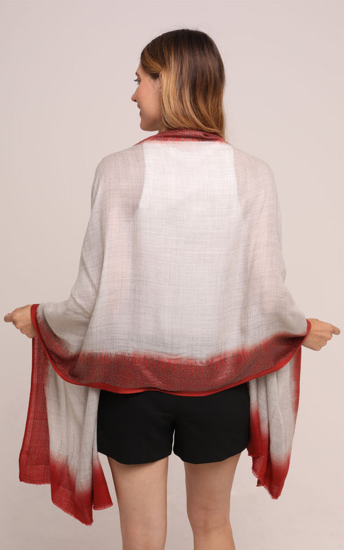 Embellished Cashmere Scarf in Ivory with Red Trim