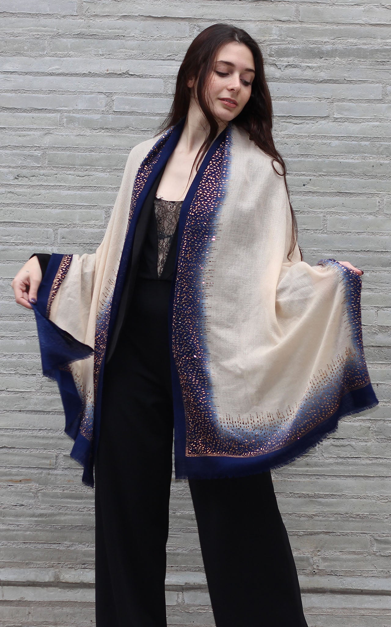 Embellished Cashmere Scarf in Beige and Navy