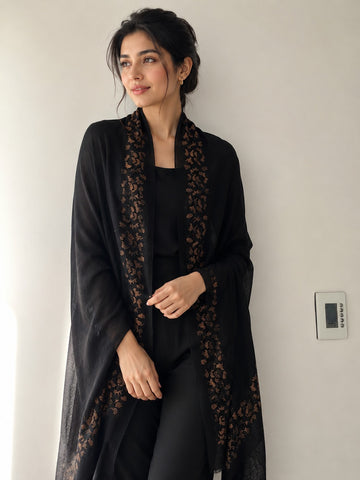 Embellished Cashmere Scarf in Black with Golden Border