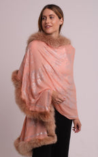 Faux Fur Trimmed Cashmere Scarf in Peach with Silver Crystal Embellishments