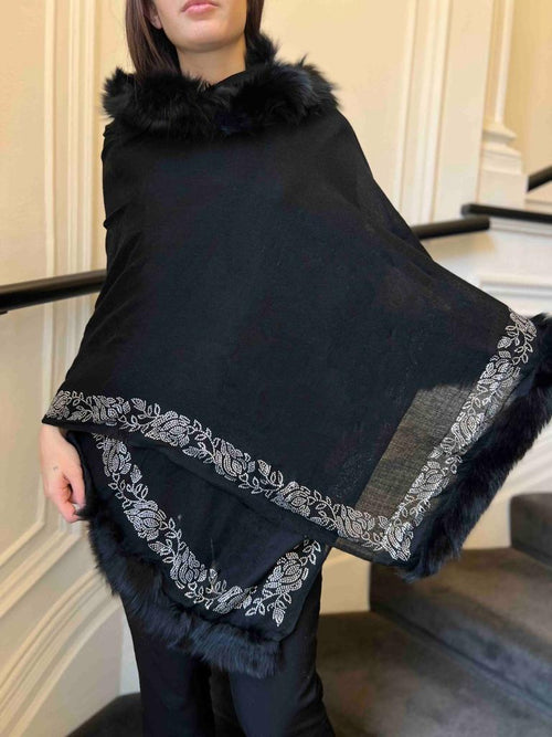 Faux Fur Trimmed Cashmere Scarf in Black with silver Crystal Embellishments