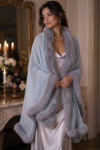 Faux Fur Trimmed Cashmere Scarf in Powder Blue with White Pearls Embellishments