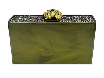Green box clutch with swarovski crystal and 3D flower deco on top