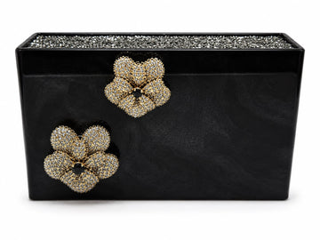 Polished Black box Clutch with Swarovski Crystal and two 3D flower deco in front