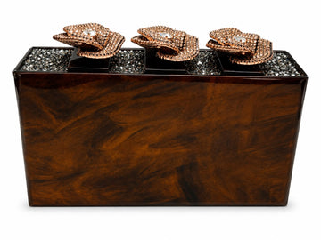 Brown mixed Clutch  with Swarovski Crystals and three -3D Flower Deco on top