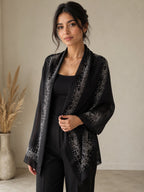 Embellished Cashmere Scarf in Black with Silver Border