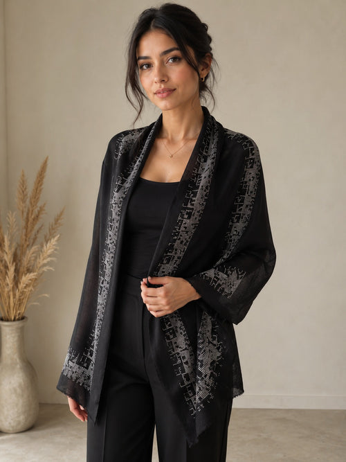 Embellished Cashmere Scarf in Black with Silver Border